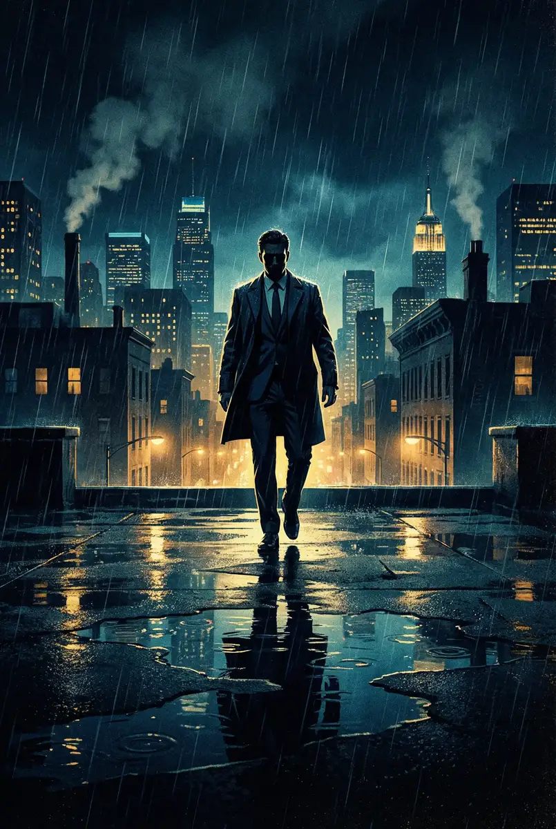 枫花恋 柠檬 出品影片《雨夜独行者》海报，雨中城市屋顶男性剪影